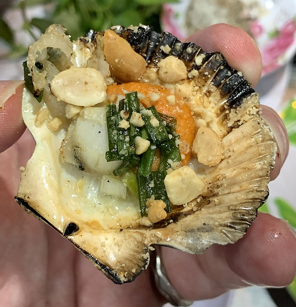 scallops on the half shell at Vinh Khanh Food Street (c) 2019 by John C. Goss